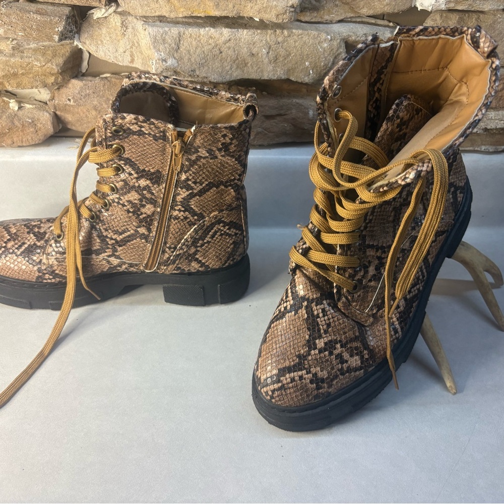 BAMBOO Brown Snakeskin Combat Boots